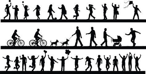 Silhouette people outdoor activity, walking, biking, dancing, playing, celebrating, public space, leisure lifestyle, black illustration, community interaction, flat vector