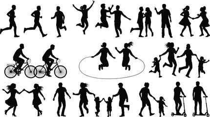 Outdoor activity silhouette, children and adults, running, dancing, cycling, skipping rope, family fun, healthy lifestyle, black illustration, flat vector