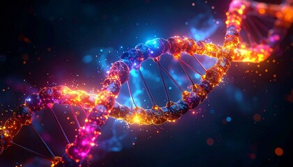 Vibrant DNA double helix with orange, pink, and blue nucleotides on dark background with glowing particles.