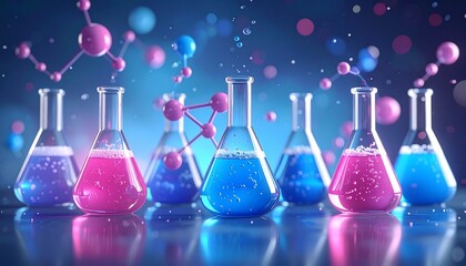 Colorful lab glassware with vibrant liquids and molecular structures on deep blue gradient background.