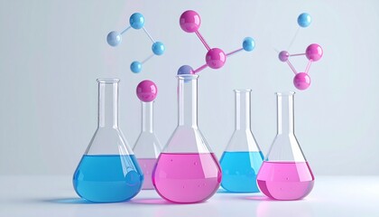 Colorful lab glassware with vibrant liquids and molecular structures on deep blue gradient background.
