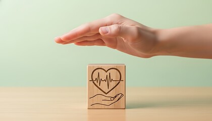 Protecting heart health hand covering wooden block with heartbeat symbol on table against green background