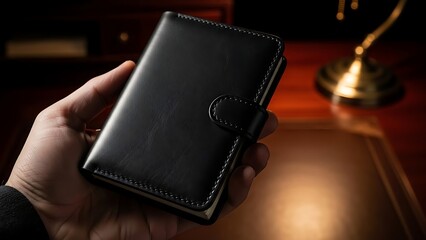 A hand holds a small, black leather notebook with a button closure, set against a blurred background of a desk and lamp.