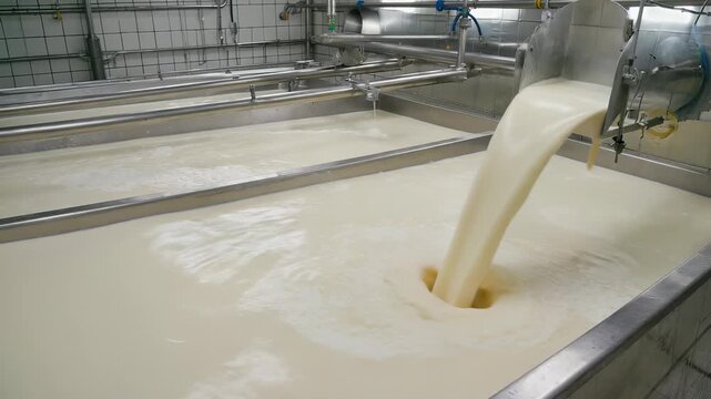 A stainless steel vat is filled with creamy white milk as it flows smoothly from a wide spout in a spotless dairy room featuring tiled walls and steel pipes