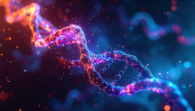 Vibrant DNA double helix with orange, pink, and blue nucleotides on dark background with glowing particles.