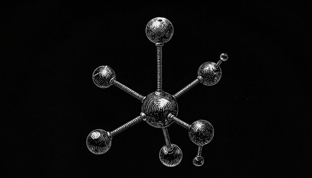 3D organic molecule with metallic shading, carbon-based branches, and symmetrical atomic structure.