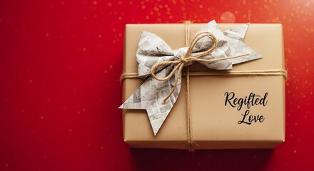 Gift with Recycled Paper Bow and Regifted Love Text on the box. Red Background