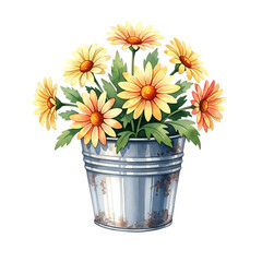 Watercolor yellow daisies in metal bucket, isolated on transparent background