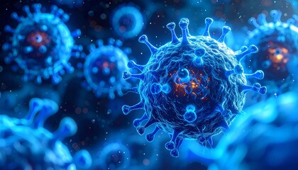 Magnified digital rendering of virus particles with glowing red-orange cores and spike-like protrusions on dark background.