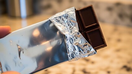 Close-up of a hand holding a dark chocolate bar partially unwrapped from its silver foil packaging.