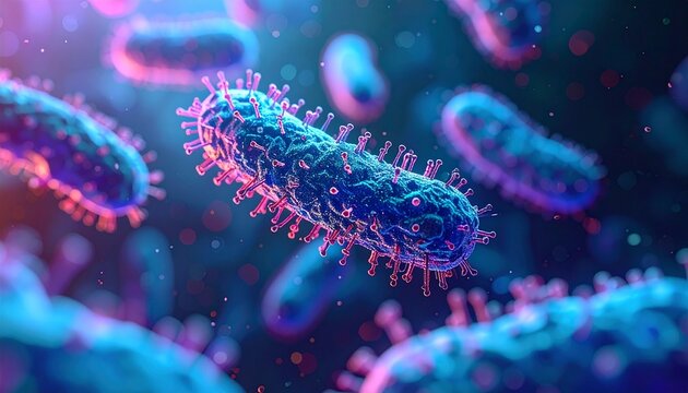 Colorful microscopic view of rod-shaped bacteria and viral particles with vivid textures and biological detail.