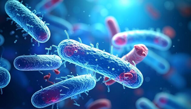 Colorful microscopic view of rod-shaped bacteria and viral particles with vivid textures and biological detail.