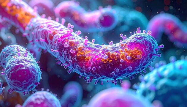 Colorful microscopic view of rod-shaped bacteria and viral particles with vivid textures and biological detail.