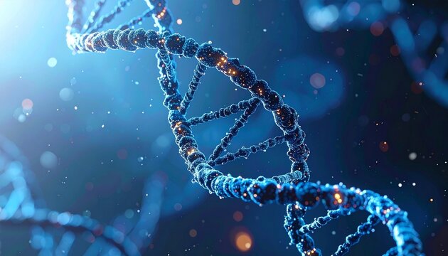 Glowing blue DNA double helix with visible base pairs and molecular detail on soft particle-filled background.