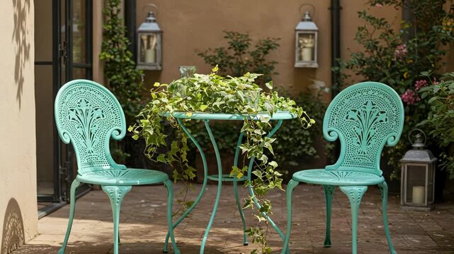 An inviting outdoor patio scene featuring turquoise vintage chairs surrounded by vibrant plants and warm sunlight, creating a perfect relaxing backyard ambiance.