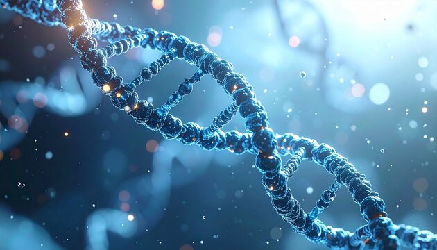 Glowing blue DNA double helix with visible base pairs and molecular detail on soft particle-filled background.