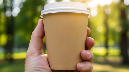 A hand holds a disposable coffee cup with a white lid in a park setting, with blurred green foliage in the background.