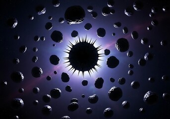 A dark sphere surrounded by asteroids in space