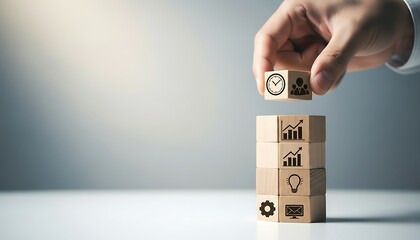 Building a successful business hand stacking wooden blocks with business icons for growth and time management concepts