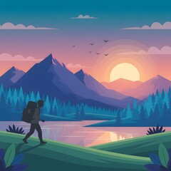 Solitary Explorer on Trail: A silhouette of a solitary explorer embarks on a journey, traversing through a serene landscape with mountains and lake, capturing the beauty of nature's vista.