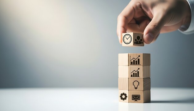 Building a successful business hand stacking wooden blocks with business icons for growth and time management concepts - Powered by Adobe