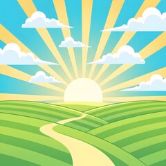 Sunrise over Rolling Green Hills: The sun rises, casting golden rays over rolling green hills and a winding path, a symbol of hope and new beginnings.