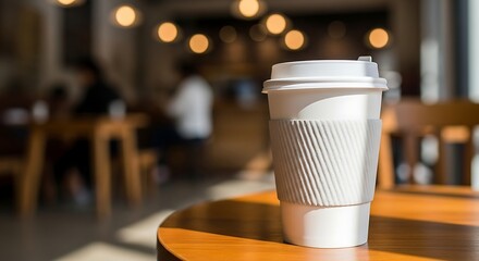 A white disposable coffee cup rests on a wooden table in a cafe, with blurred patrons and lights in the background.
