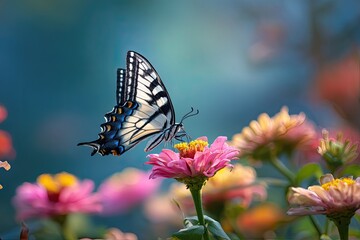 Obraz premium A vibrant swallowtail butterfly with detailed wings feeding on a bright pink flower