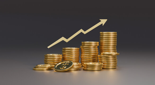 Wealth growth and investment trend. Stacked coins rise with an upward arrow showing increasing value. Designed for gold investors, gold trading platforms, and gold financial marketing.