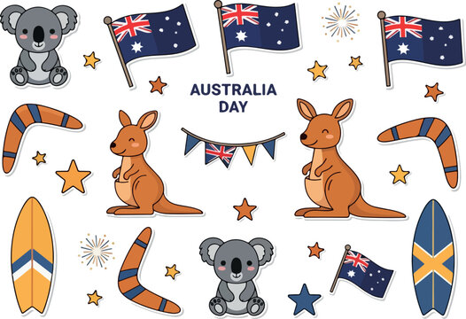 Australian Animals, Flags and Objects in Cartoon Style for Australia Day - Powered by Adobe