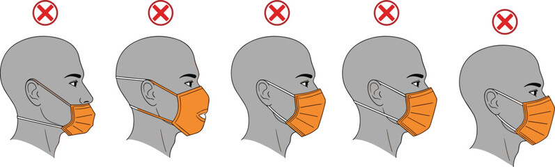 Incorrect face mask usage, wrong wearing styles, health safety mistake, public awareness, mask position error, black illustration, prevention concept, flat vector