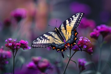 Fototapeta premium Vivid butterfly with intricate patterns rests on a cluster of purple flowers