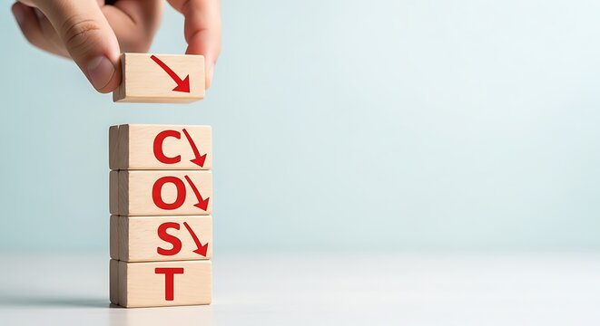 Hand placing wooden block with downward arrow on top of stacked blocks spelling cost reduction concept
