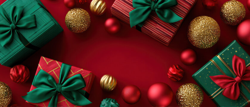Festive gift box green ribbon red wrapping golden bauble green bow holiday celebration joyful