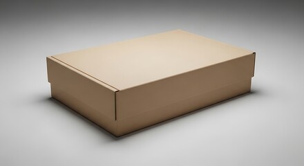 Naklejka premium A rectangular, closed, cardboard box sits on a white surface with a soft, diffused light casting subtle shadows.