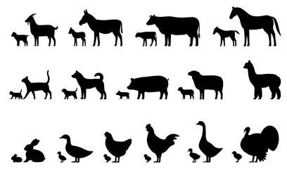 farm animals silhouettes vector set collection