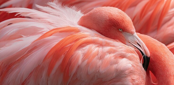 Close up of a bright pink flamingo's head and feathers, eyes bright - Powered by Adobe
