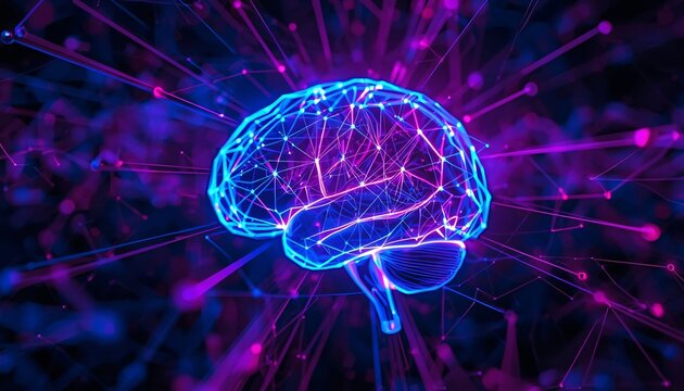 Digital Brain Wireframe Glowing in Neon Blue and Pink, Surrounded by Neural Connections. Artificial Intelligence and Machine Learning Concept. Generative AI