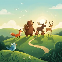 Animated Forest Friends: A whimsical illustration of a diverse group of forest animals embarking on an adventure, walking along a winding path amidst rolling green hills under a bright sky.