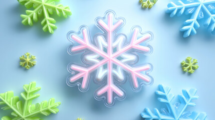 Glowing neon snowflake with pastel pink center and translucent edges on blue background, playful seasonal winter mood