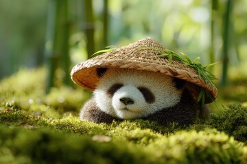 A furry panda with a conical hat rests amongst lush moss and bamboo