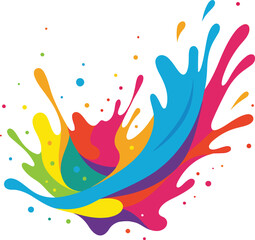 Dynamic multicolored paint splash with scattered dots on white background Keywords: paint splash, color explosion, abstract, vibrant, colorful, liquid