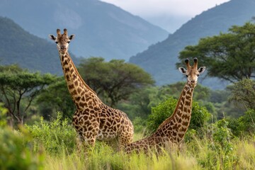 Fototapeta na wymiar Two giraffes stand tall in a lush, green savanna with mountains in the background