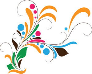 Abstract Colorful Swirl Flourish with Dots and Leaves on White Keywords: swirl, flourish, decorative, element, colorful, abstract, design, graphic, art