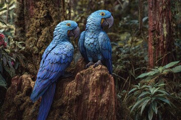 Obraz premium Two vibrant blue macaws perched on a moss-covered log in a lush forest