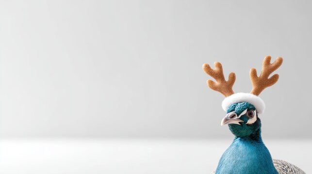 Colorful peacock wearing festive reindeer antlers and a white hat, showcasing a playful holiday spirit in a minimalist setting with copy space - Powered by Adobe