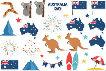 Australia Day Celebration Icons Featuring Kangaroos, Koalas, and National Symbols