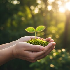 Nurturing Growth: A pair of hands cradles a tender green sprout, symbolizing life, growth, and the care of environment. capturing the purity and the care of our earth.