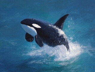 Fototapeta premium A stunning illustration portrays a majestic killer whale leaping out of the deep blue ocean