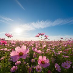 Blossoming Field of Cosmos: A breathtaking landscape painting, fields of pink cosmos under a bright blue sky, the vibrant colors and natural light offer a sense of beauty and serenity.